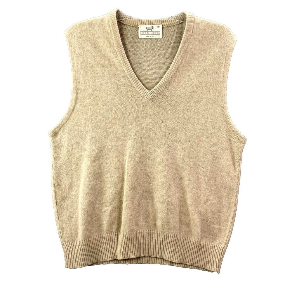 Vintage Lord Jeff Sweater Vest Men Medium Beige Knit V-Neck Wool Blend USA Retro